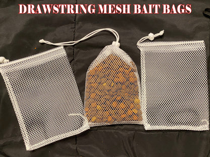 Showing three fishing bait bags with one full of bait. 